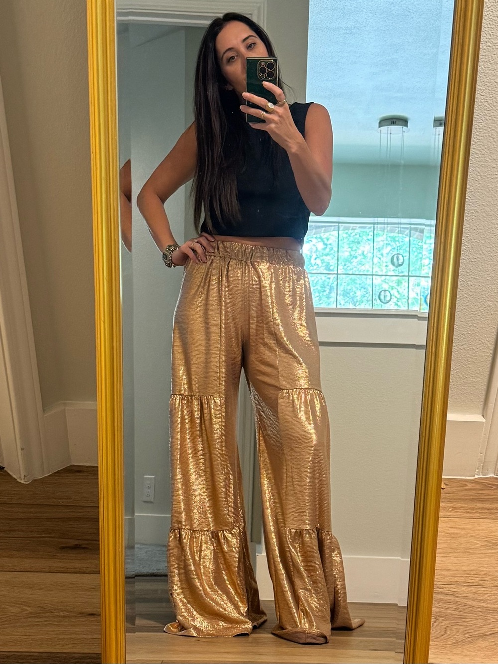 Wide-Leg Metallic Gold Pants for Women